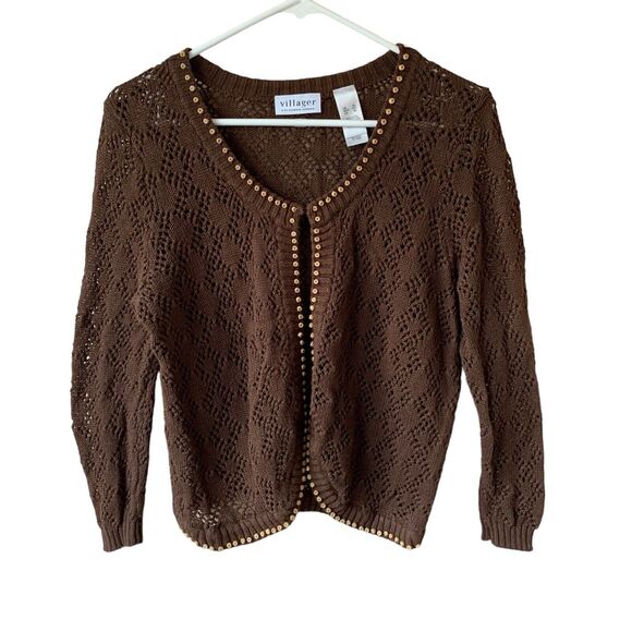 Vintage Villager Womans 1X XL Brown Crochet Wood Beaded Cardigan Hippie Boho Y2K - Picture 1 of 7